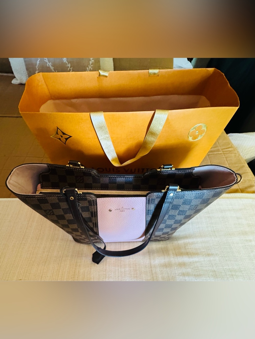 Louis Vuitton Pink and Brown Damier Ebene Tote with Detachable Strap - Picture 6 of 6